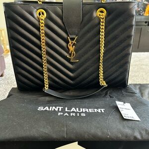 Authentic Saint Laurent Black Chevron Leather Bag with Gold Chains